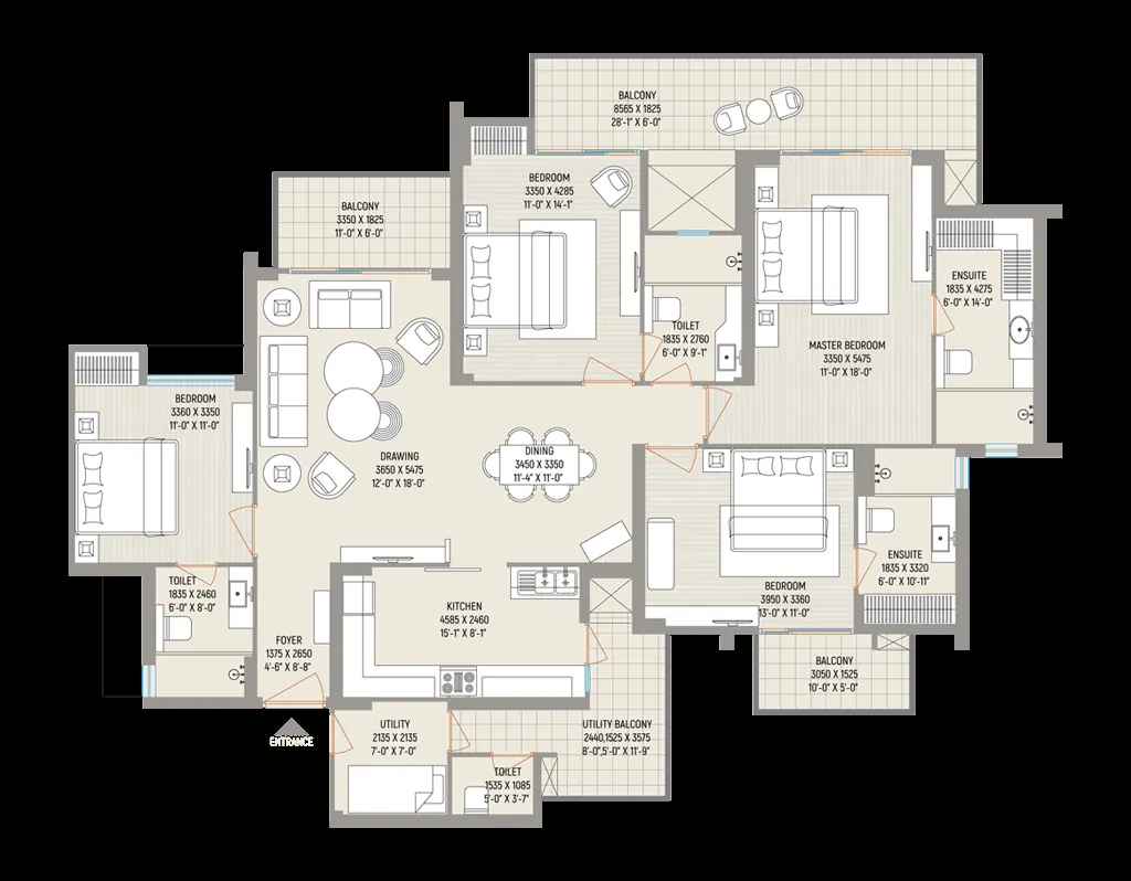 Floor plan, Type A 4 BHK, from the Ivy County unit-plan page