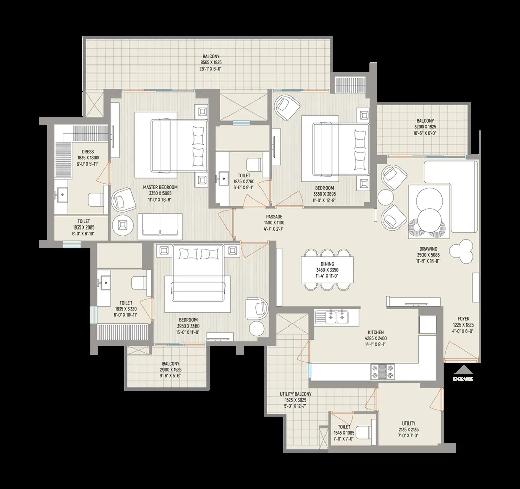Floor plan, Type B 3 BHK, from the Ivy County unit-plan page