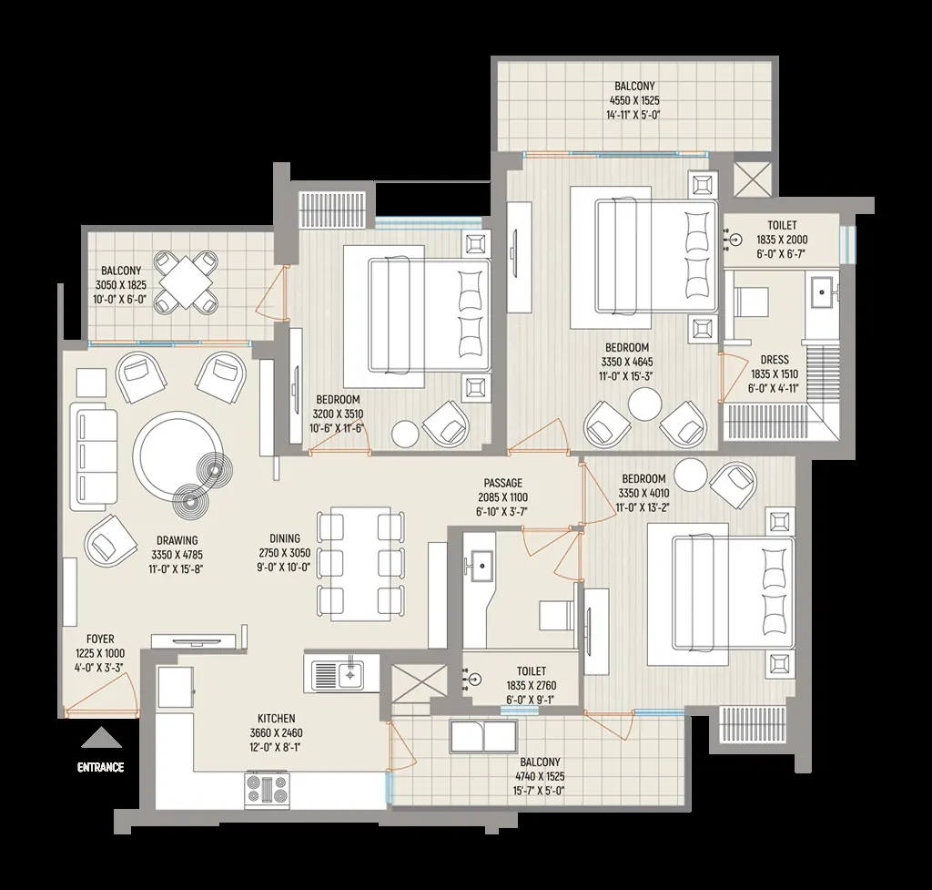 Floor plan, Type C 3 BHK, from the Ivy County unit-plan page