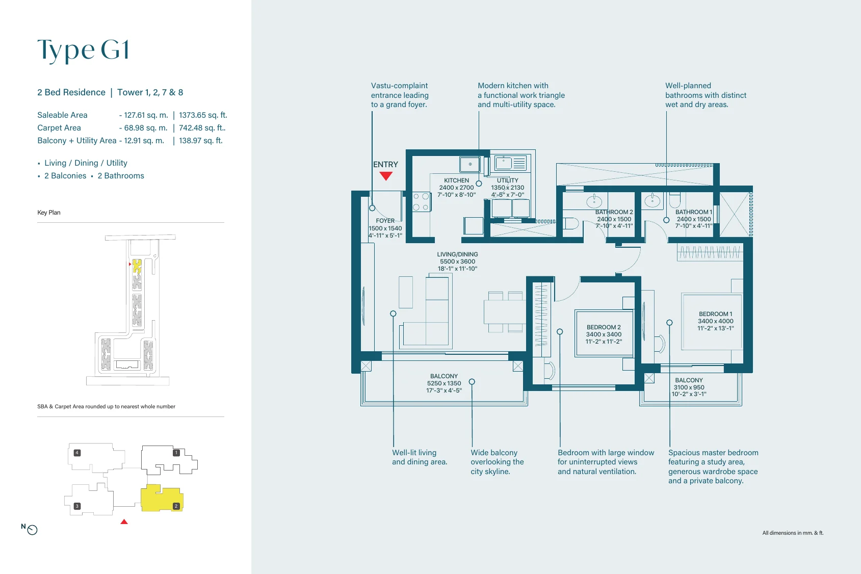 SOBHA Rivana floor plan, Type G1, 2 bed