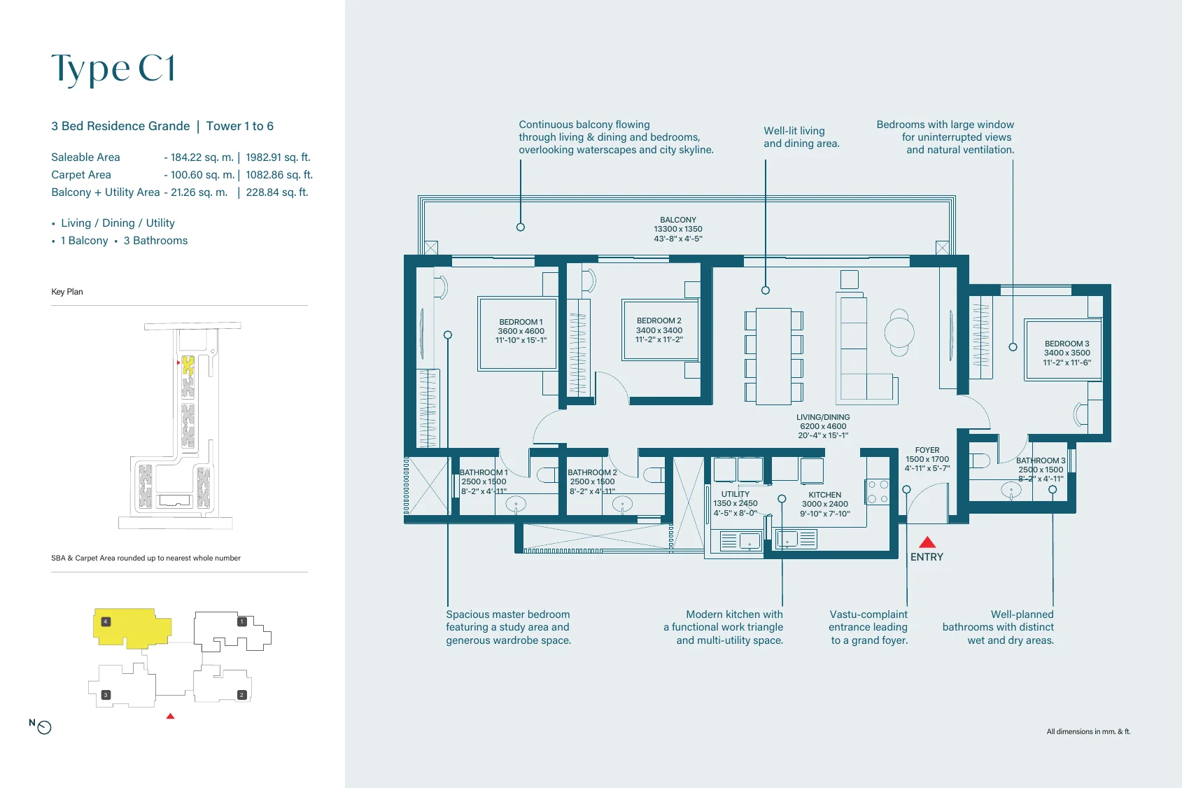 SOBHA Rivana floor plan, Type C1, 3 bed